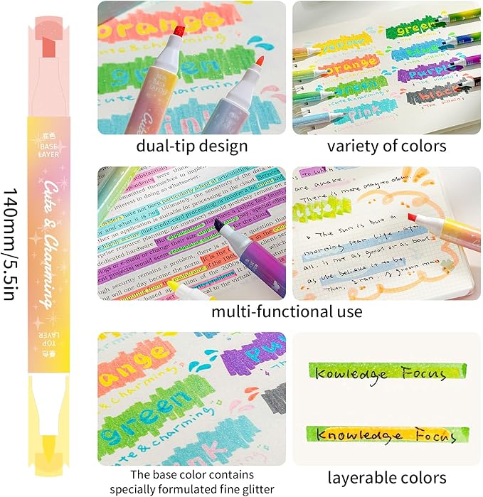 Glitter and Pastel Highlighters,16 Colors Assorted Dual Tip withNo-Bleed Quick Dry Ink, 8-PackHighlighter Markers Set forSchool & Office