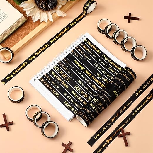 Janlaugh 24 Rolls Christian Washi Tape for Bible Journaling Valentine Black Gold Bible Verse Decorative Tape Bulk Religious Inspirational Scripture Supplies Gifts for Arts DIY Crafts Journals Wrapping