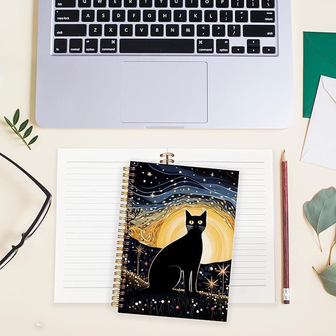 BearCake Starry Night Black Cat Notebook, Cat Gifts for Women Cat Lovers, Black Cat Gifts, Cat Journal, Cat Mom Gifts, Cat Lady Gifts, Cute Notebook, Hardcover Spiral Notebook 5.5x8.3