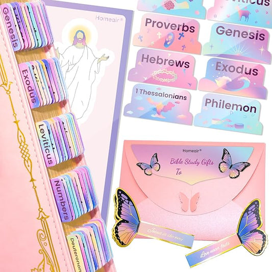 Bible Tabs & Butterfly Bookmark, Rainbow, Laminated, Large Print, Christian Gifts, Bible Study Supplies