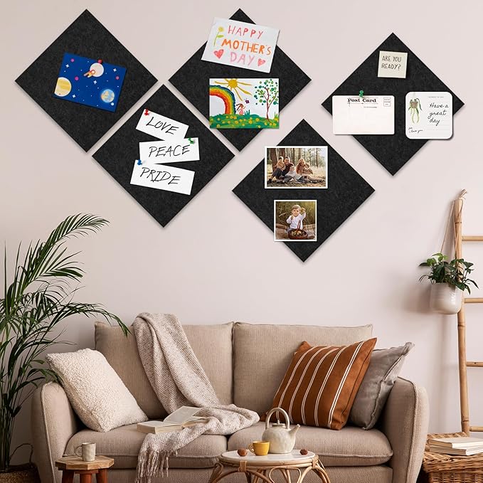 Felt Cork Board Tiles 6 Pack Black Bulletin Boards 12"x12" - 1/2" Thick Corkboards for Wall Bulletin Board Self Adhesive with 100 Push Pins for Wall School Home Office