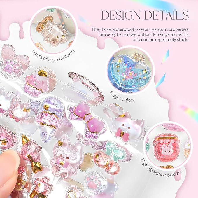 3D Cute Cartoon Blue Puff Stickers - Kawaii Rabbit Love Heart Mini Puffy Stickers Reusable Resin Decorative Decals for Scrapbooks Planner Journals Laptops Phone Case Decor
