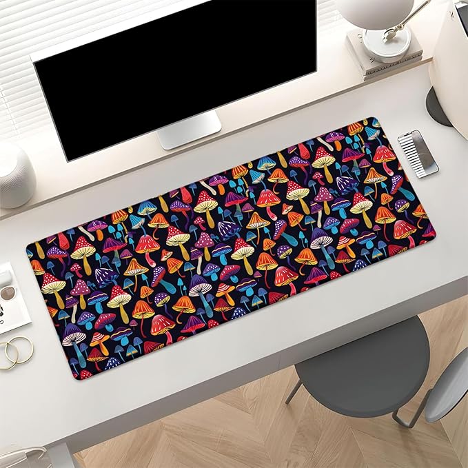 Colorful Mushroom Gaming Mouse Pad, Whimsical Fungi Pattern Large Desk Mat for Computer, Extended Keyboard Laptop Mouse Pads 31.5×11.8in, Non Slip Rubber Mousepad for Office Decor Gifts