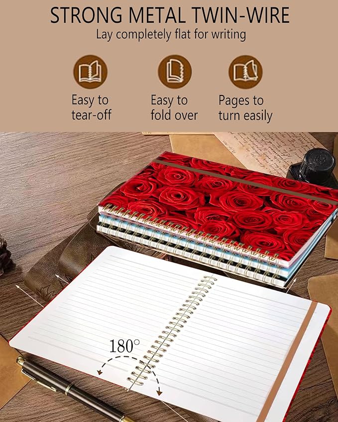 Spiral Journal Notebook, A5 Cute Notebooks for Women Men, College Ruled Hardcover Notebook for Work & Note Taking, 60 Pages Double-Wire Journals for Writing, Luxury Red Roses