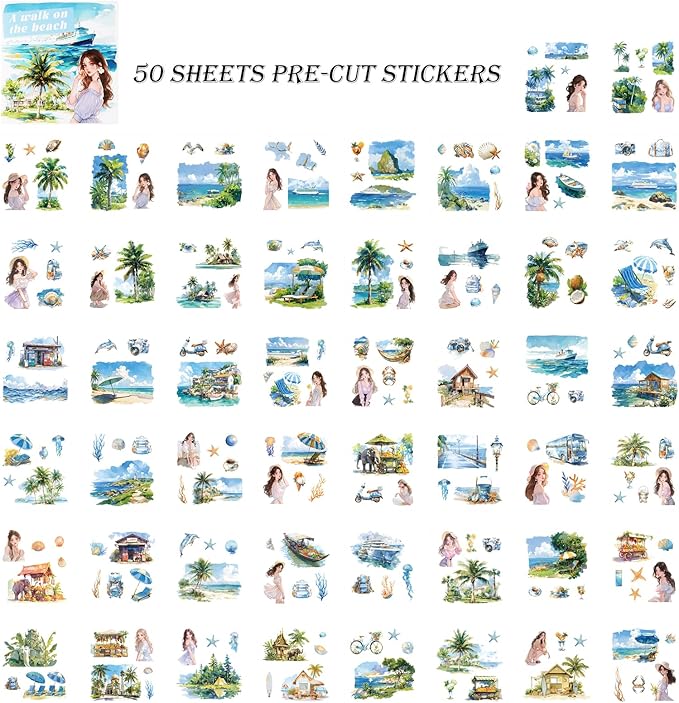 50 Sheets Beach Stickers for Scrapbooking 200 Pre-Cut Washi Sticker Girl Landscape Stickers for journaling Scrapbooking Supplies Collage Decorative DIY Arts Craft Making