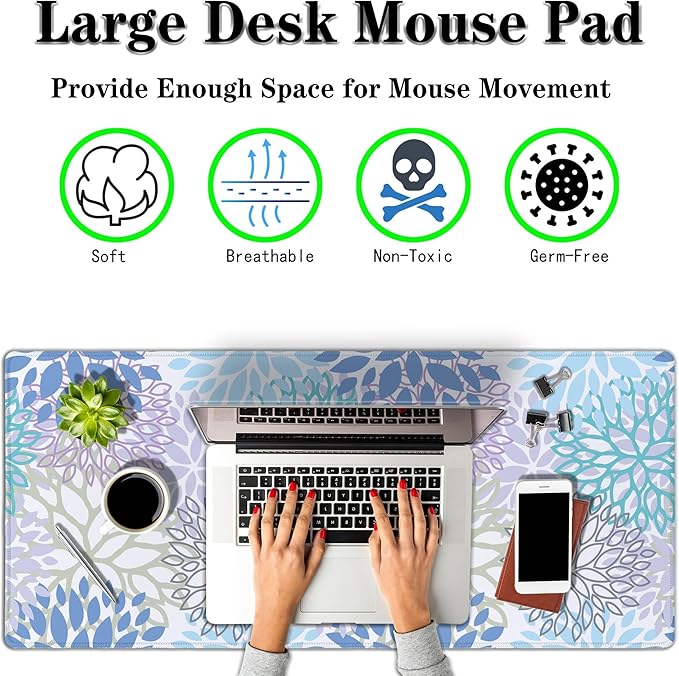 Large Desk Mat Algae Leaves Game Mats, Office Mousepad Big Mouse Pads, XXL Gaming Mouse Pad Non-Slip Rubber Base, 35.4 X 15.7 inch for Work/Game/Office/Home Vegetation. Abstract Watercolor