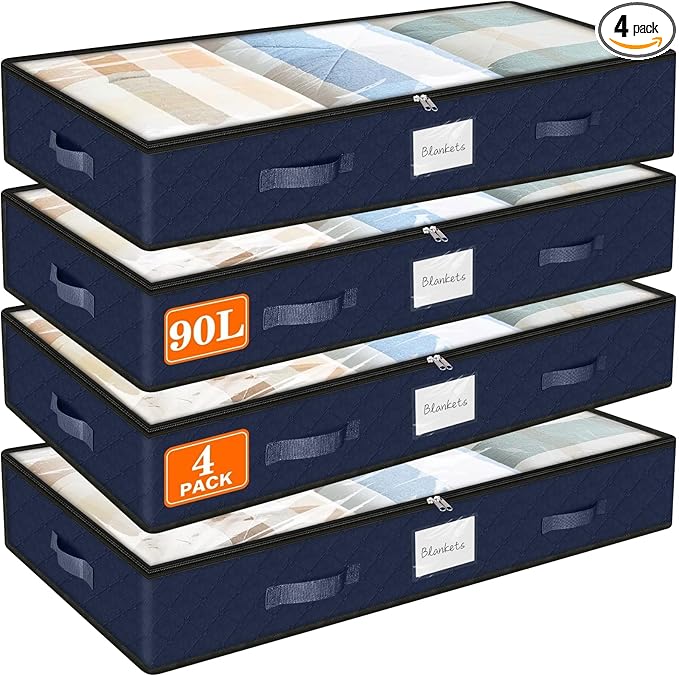 SpaceWhisper 90L Under Bed Storage Containers, 4-Pack Storage Bins with Clear Top, Foldable Closet Organizers and Storage with Label Holder for Clothing, Blankets, Comforter & Pillows(Blue)