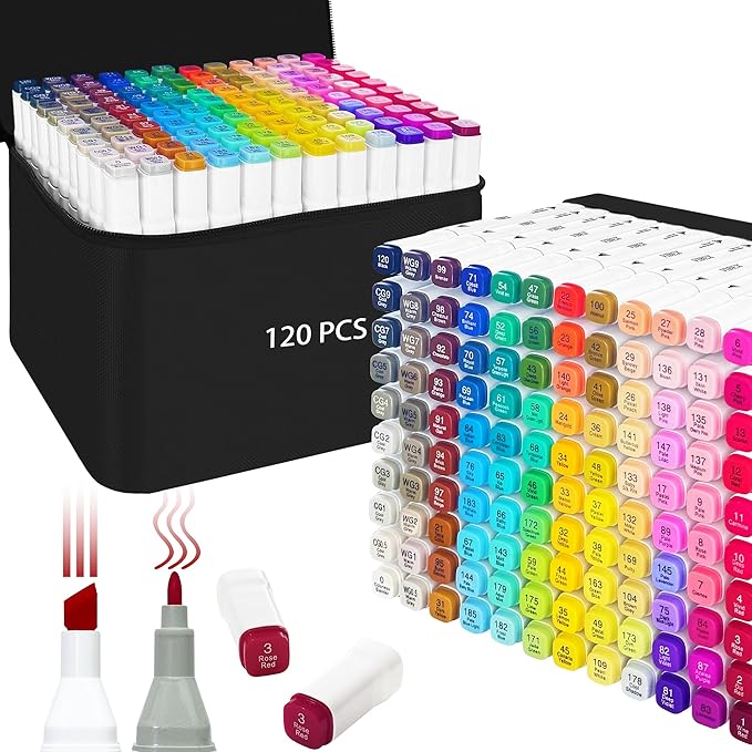 VIBEX 120 Colors Alcohol Markers with Base Dual Tip Drawing Markers for Adult and Kids Comics Coloring Sketching Illustration - Refillable (120 White)