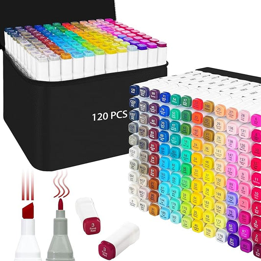 VIBEX 120 Colors Alcohol Markers with Base Dual Tip Drawing Markers for Adult and Kids Comics Coloring Sketching Illustration - Refillable (120 White)