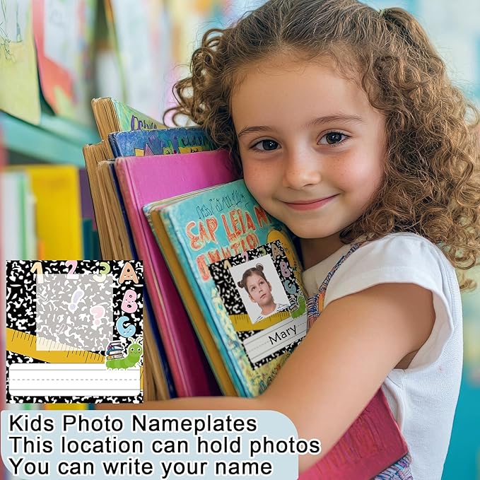 42pcs Composition Book Desk Name Tags Kids Photo Nameplates for Desk Student Name Plates for Classroom Kindergarten Labels Stickers with Photo Self Adhesive Colorful Classroom Decoration