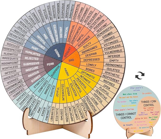 Feelings Wheel Therapy Office Desk Decor - Double Sided Mental Health Emotions Chart with Stand, Therapist Gifts for Home Office Women Man
