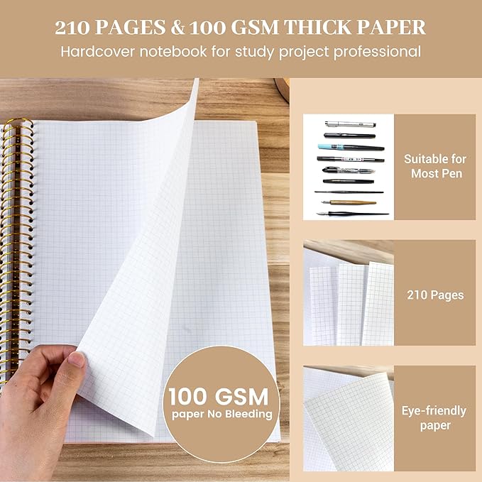 FLYING EAGLE 8.5 x 11 Large Graph Notebook Journal Spiral Graph Grid Notebook 210 Pages Hardcover Notebook Engineering Paper Notebook Graphing Notebook for Men Women, Pink