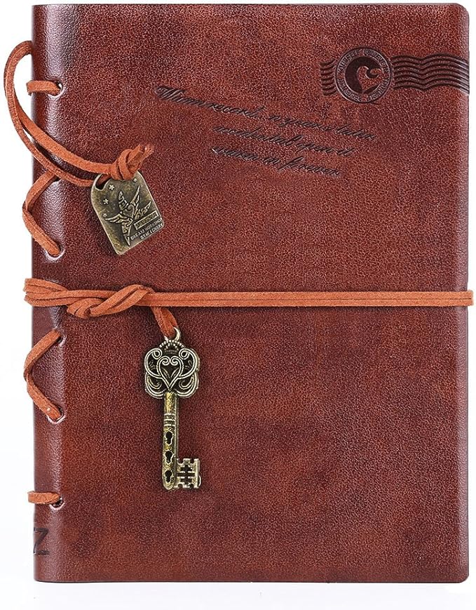 EvZ Leather Writing Journal Notebook, 7 Inches Key Bound Retro Vintage Notebook Diary Sketchbook Gifts with Unlined Travel Journals to Write in for Girls and Boys Notepad Guest Book, Dark Coffee