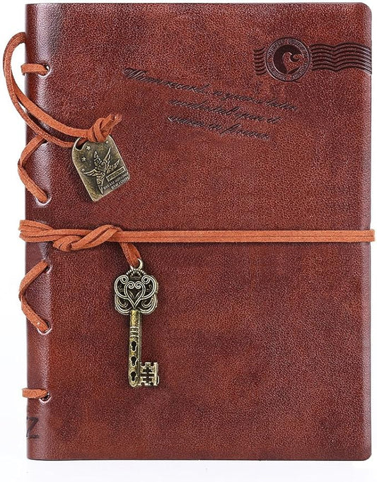 EvZ Leather Writing Journal Notebook, 7 Inches Key Bound Retro Vintage Notebook Diary Sketchbook Gifts with Unlined Travel Journals to Write in for Girls and Boys Notepad Guest Book, Dark Coffee