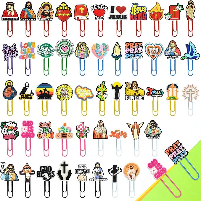 Cute Paper Clips, 50Pcs Jesus Bookmark Paperclips Bulk Metal Fun Christian Planner Clip Charms Clamp Desk Accessories Stationery Colorful Office Supplies Gifts for Student Teacher Party Decor