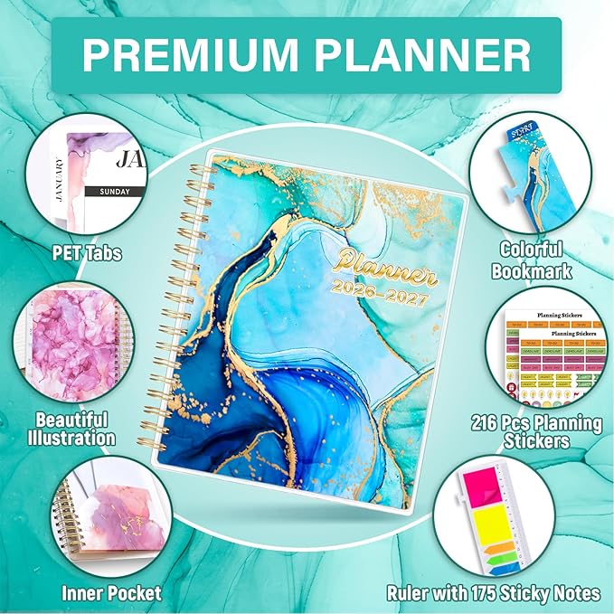 Planner 2026-2027, Large 18 Months Academic Daily Weekly Monthly Planner Yearly Agenda Jan. 2026–June. 2027, 7.9" x 9.8", Page Tabs, Separator Page, Pocket Folder, Bookmark, Stickers, Sticky Note Set