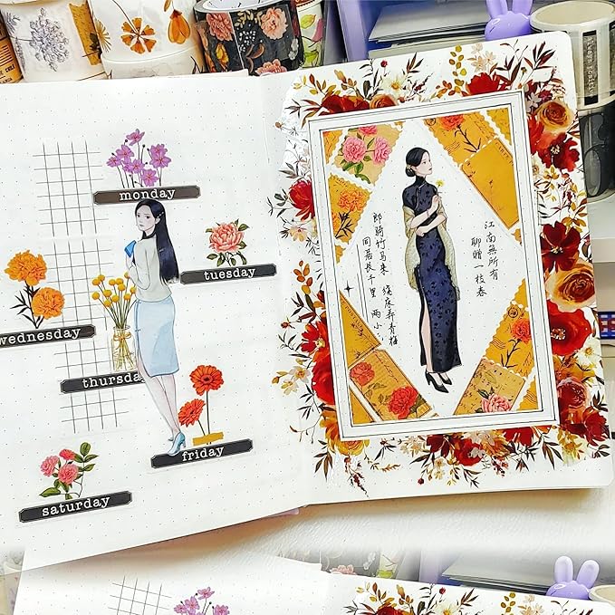 WT Seasonal Splendor Washi Tape Sticker Set, 5 Rolls, Original Designs, Vintage Watercolor Floral Design, Adhesive Stickers for Junk Journals, Scrapbooks, Bujo, Planners, DIY Crafts
