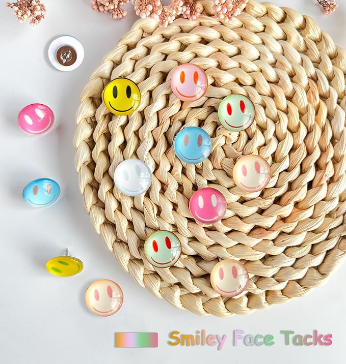 24Pcs Smiley Face Decorative Push Pins,Cute Thumb Tacks,Boarders for Bulletin Board,Cork Board Thumbtacks for Classroom Decor,Home Decor and Office Decor(Smiley Face)