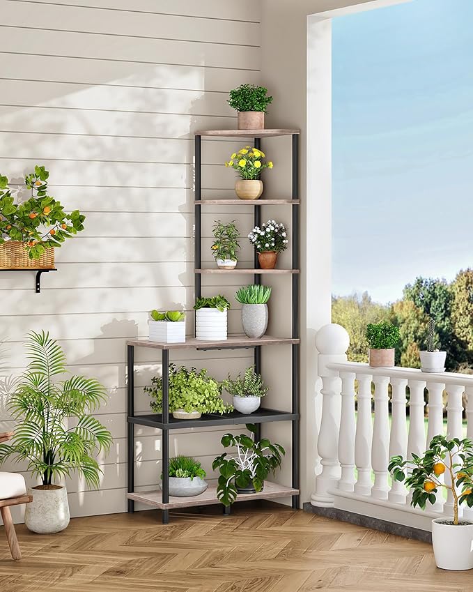 6-Tier Corner Shelf, Industrial Corner Bookshelf with Desk Top, Diamond-Shaped Storage Shelves, Display Stand for Small Spaces, Living Room, Home Office, Foyer, Greige and Black TCJ70BG