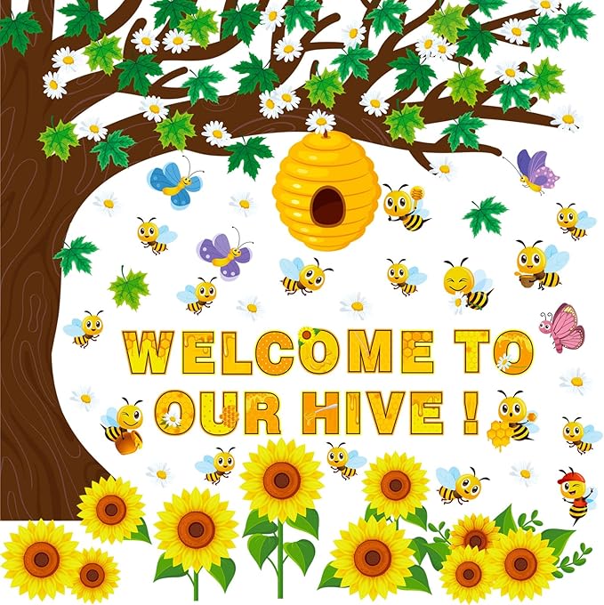 Zonon 111 Pcs Bee Bulletin Board Decorations Summer Sunflower Classroom Decorations Beehive Classroom Tree Cutouts Bulletin Board for Back to School Party Supplies(Vibrant Style)