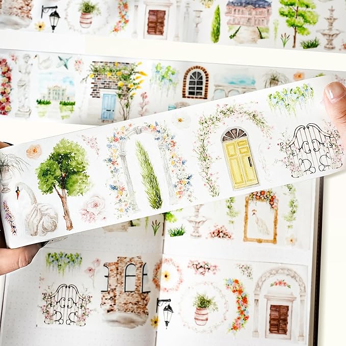 WT Pre-Cut French Courtyard Wide PET Tape, Single Roll, Romantic European Courtyard Style with Floral Designs, Transparent Decorative Tape for Journaling, Scrapbooking, Planner, DIY Crafts