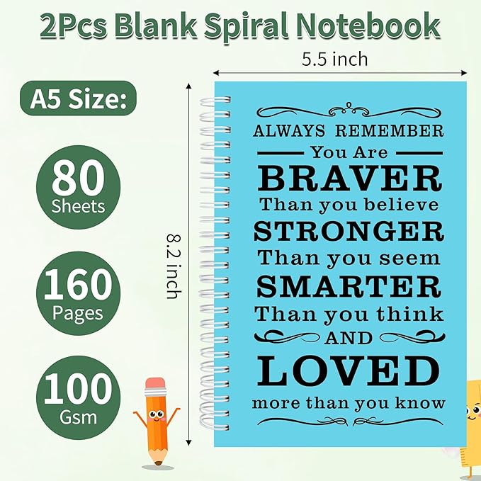 2Pcs Blank Spiral Notebook,Inspirational Gifts A5 Hardcover Sketch Book,Art Sketchbook for Drawing, Unlined, Plain Sketch Book for Women Men Work Writing,160 Pages (2, Blank Page Light Blue)