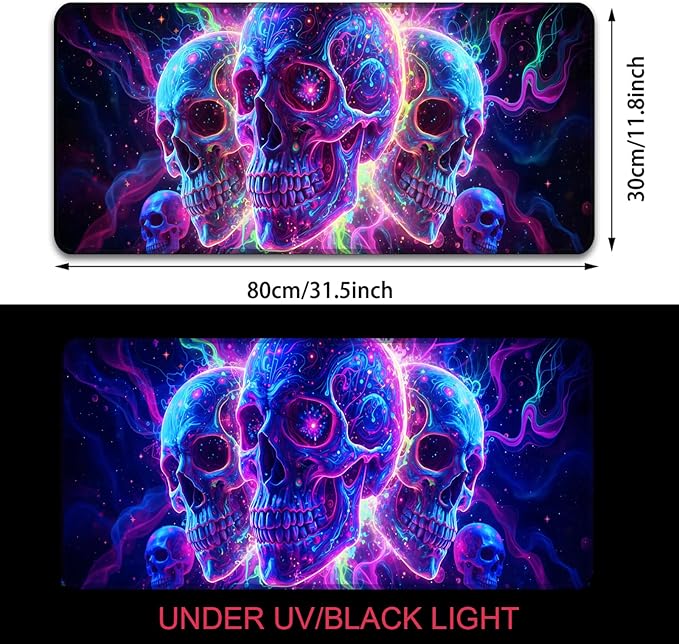 Manicer Blacklight Skull Mouse Pad – UV Reactive Neon Glow Gaming Desk Mat, Colorful Skeleton Extended Non-Slip Mousepad for PC Gamers, Office, Room Decor - 31.5" x 11.8"