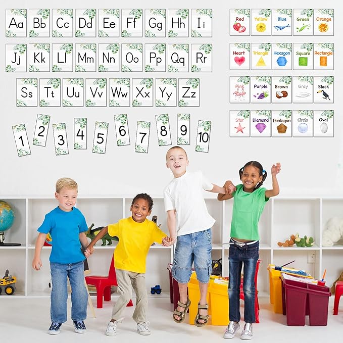 56 Pieces Alphabet and Number Bulletin Board Set Manuscript Bulletin Board Cards Educational Preschool Cards Eucalyptus Colors Shapes Early Childhood Education Posters for Kids Classroom Decoration