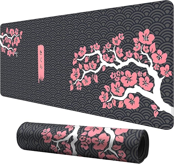 Cherry Blossoms and Waves Desk Pad Mouse Pad,Expand XL Mouse Mat with Stitched Edges,Non-Slip Rubber Base Large Mousepad for Office PC Keyboard Laptop and Homework Desk Mat(31.5X11.8 in)