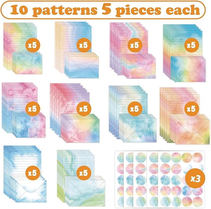 160 Packs Stationery Paper Set (50 Single-Sided Stationery Writing Papers 50 Matching Envelopes) 60 Round Dot Sticker, 10 Design Colorful Letter Paper Stationary Stes,5.5 x 8.25 Inch. (Watercolor)