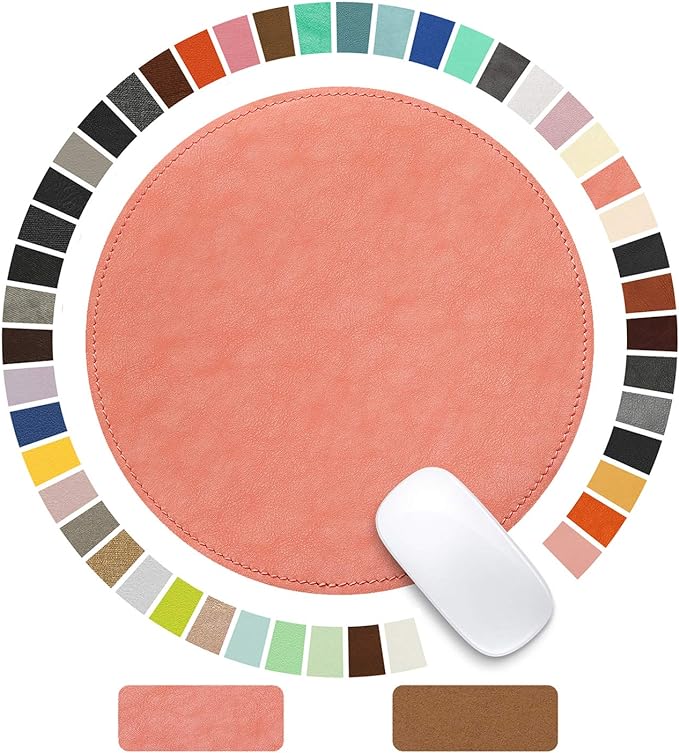 Mouse Pad，Round Mouse Pad，PU Mouse Pad，Leather Mouse Pad with Stitched Edge Micro-Fiber Base with Non-Slip Waterproof，Mouse Pad for Computers，Laptop，9 x 9 Inch (Pink)