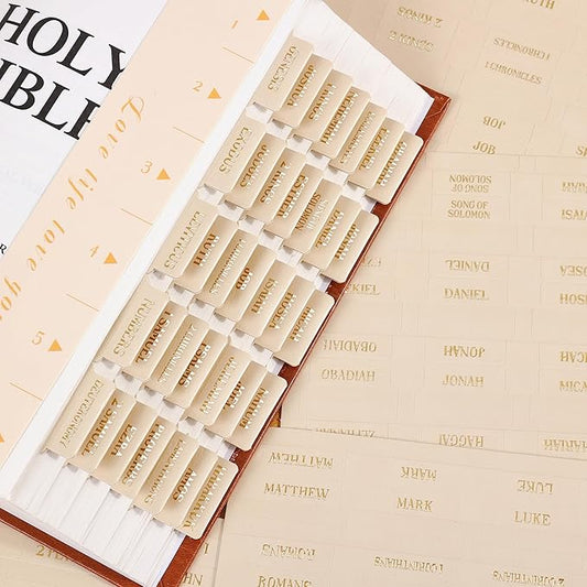 Leather Bible Tabs, Bible Tabs for Women and Men(Gold Foil Lettering) Large Print Stickers, Easy to Read and Apply, 66 Chapters & 14 Blank DIY Labels for Easy Navigation, Christian Accessories(Beige)
