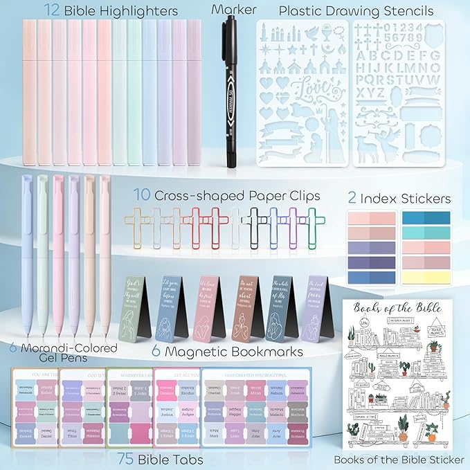 45 Pcs Bible Study Supplies, Bible Study Kit Journaling Supplies with 12 Bible Highlighters No Bleed and Tabs, 6 Pens, 6 Bookmarks, Books of the Bible Sticker and More, Christian Gifts for Women