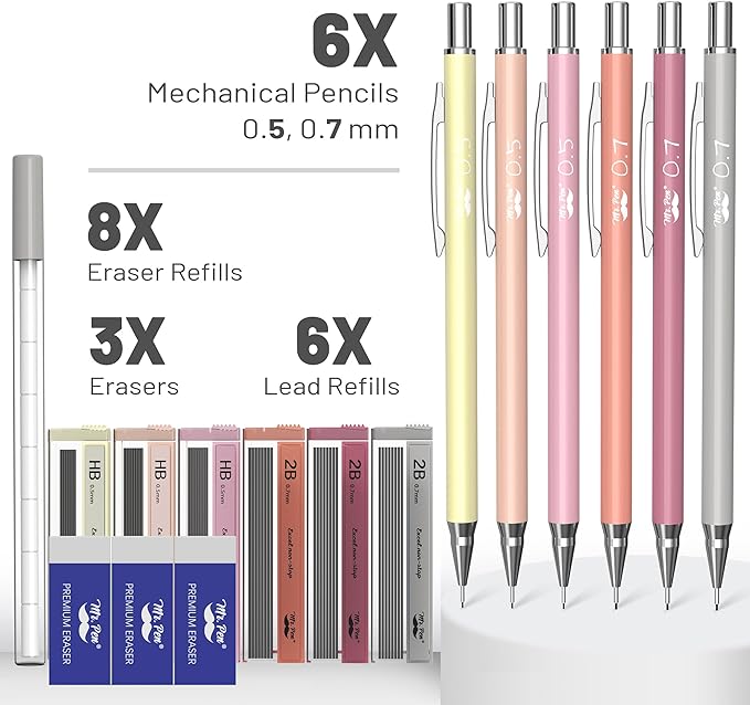Mr. Pen- Mechanical Pencil Set with Lead and Erasers Refills, 6 Pack, Boho Theme, 0.5mm & 0.7 mm, Cute Aesthetic Pastel Led Pencils 0.7mm
