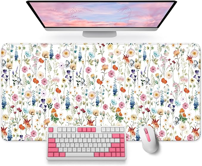 Large Mouse Pad for Desktop, Cute Desk Mat Pad Protector for Work & Gaming, Aesthetic Pretty Anti-Slip Laptop Blotter Cover for Office School Home Supplies, Wildflowers, 35.4" x 15.7"