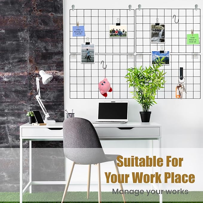 Metal Wire Wall Panel, Wire Mesh Organizer, 17.3"×11.8" Black Wall Grid, 4-Pack with Clips and Hooks