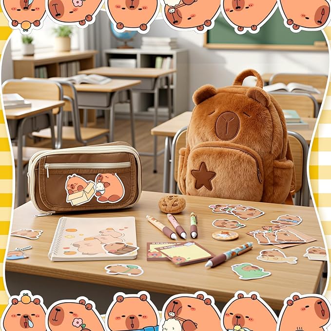 50 Pcs Capybara Gifts with Capybara Backpack and Stationery Set Valentine's Day Gifts Sticky Notes Ballpoint Pens Spiral Notebooks Brooch Pendant for Rewards Birthdays Gift