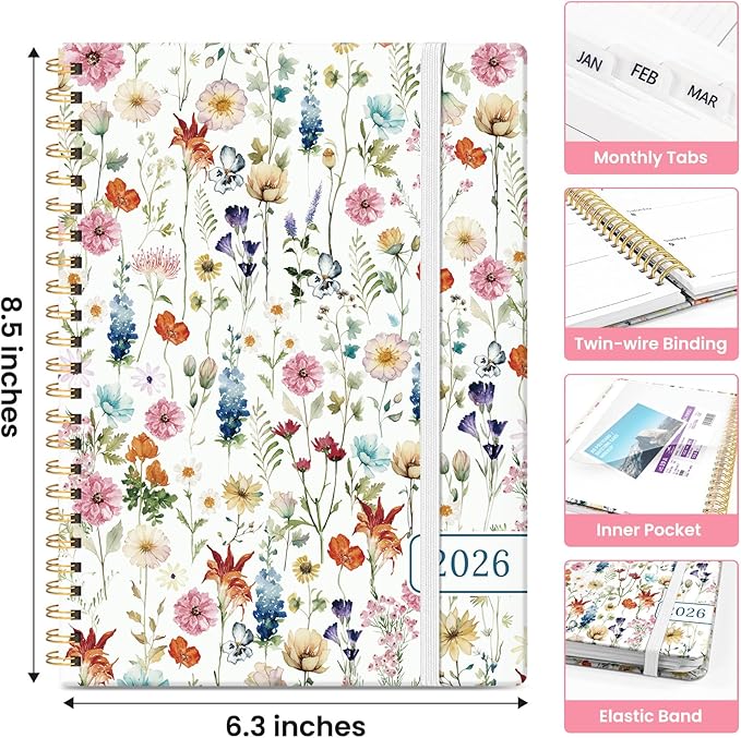 2026 Planner, Weekly and Monthly Calendar Planner for Women, Jan 2026 - Dec 2026, Hardcover Planning Agenda Book with Tabs, Spiral Bound, Inner Pocket, Perfect for School Office Supplies, 6.3" x 8.5" - Wildflowers