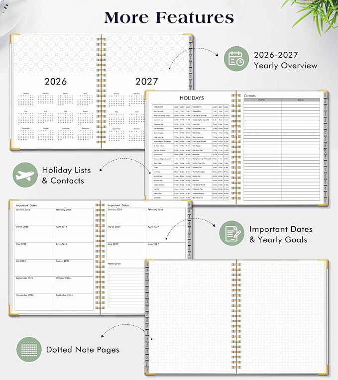 Planner 2026-2027, 18 Months Weekly and Monthly Hardcover Planner, January 2026 - June 2027, 5.75" x 8.38" A5 Daily Calendar Planner Book with Tabs, Spiral Yearly Agenda Organizer Notebook for School Work Home, White