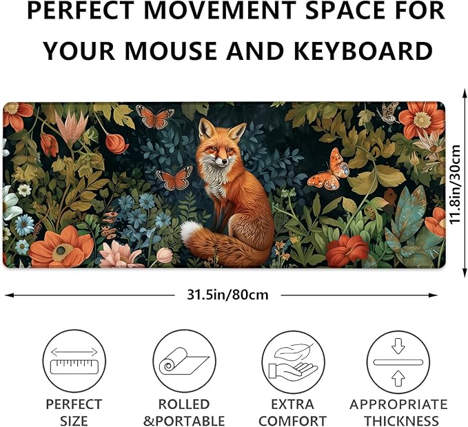 Elegant Fox Gaming Mouse Pad, Fox with Flowers and Butterflies Large Desk Mat for Computer, Extended Keyboard Laptop Mouse Pads 31.5×11.8in, Non Slip Rubber Mousepad for Office Decor Gifts