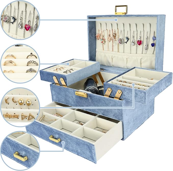 Dajasan Velvet Jewelry Boxes for Women Girls, Jewelry Organizer Box, Jewelry Storage Organizer for Rings Necklaces Bracelets Watch Earring (Blue)
