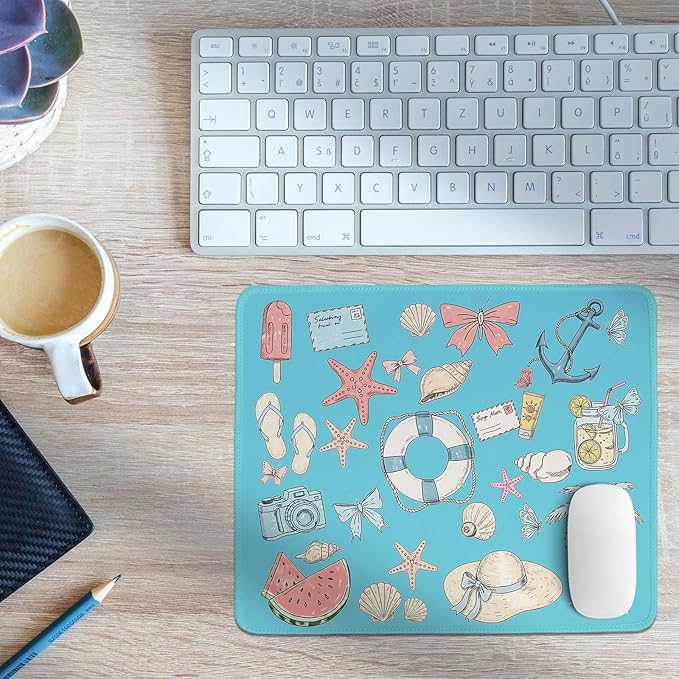 Blue Coastal Mouse Pad,Blue Beachy Desk Mat,Girly Summer Beach Seashell Mouse Pads for Dorm Home Office Beach Room Desktop Decor,11.8x9.8 Inch