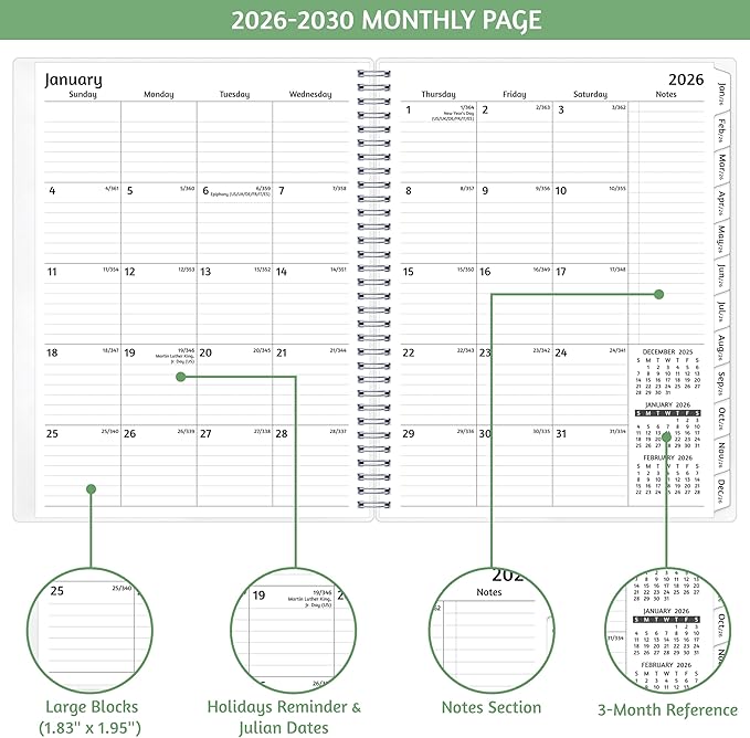 Monthly Planner 2026-2030, 5-Year Calendar Planner 2026-2030, Jan 2026 – Dec 2030, 8.5 x 11 In, Ruled Spread, Flexible Cover, Spiral Wirebound, Pocket, 60 Coated Monthly Tabs, Notes ＆ Habit Tracker, A4 Planner