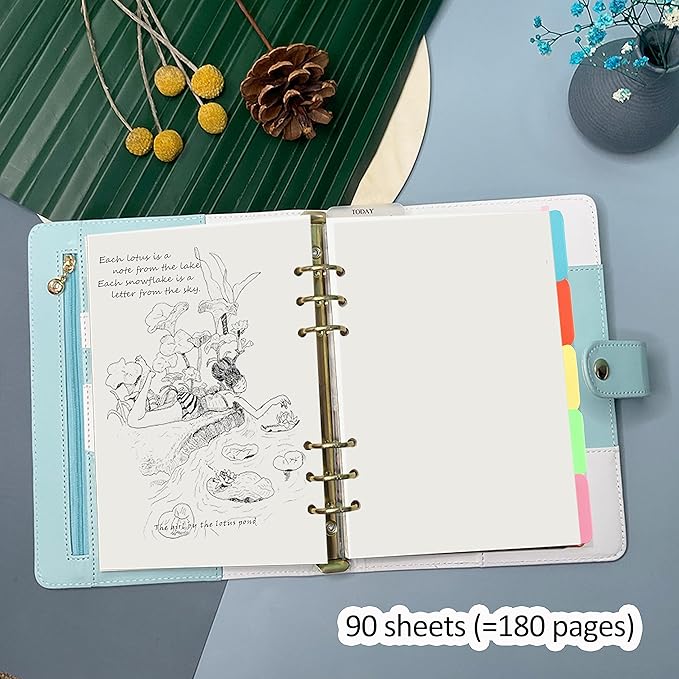 Harphia A5 6 Holes Binder Refill Value Set, 90sheets plain blank loose leaf paper with stickers and dividers, planner inserts with binder pockets for A5 binder 6 holes refillable notebook,005da5blank