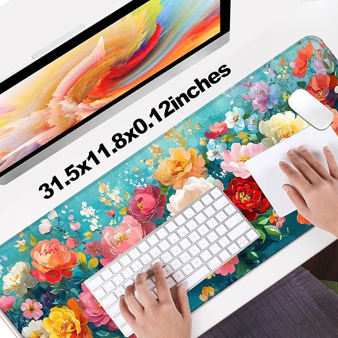 Colorful Flower Peony Gaming Desk Mat, Computer Keyboard Large Extended Long Floral Mouse Pad for Office and Home, XL (W28)