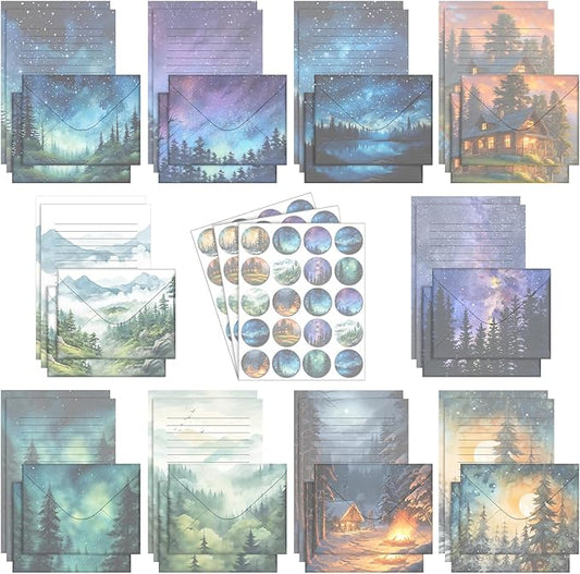 TaoBary 160 Pcs Stationery Paper Set 50 Double Sided Stationery Paper with 50 Matching Envelope and 60 Round Dot Sticker, 10 Design (Whimsical Watercolor Illustration Starry Night Sky,8.25 x 5.5 Inch)