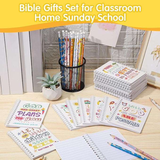 Crtiin Easter 48 Pcs Include 24 Bible Verse Notepad 24 Pencils Kids Christian Church Gifts Students Classroom Award Religious Notebook Bible Pencils Prayer Pocket School (White Jesus,White)