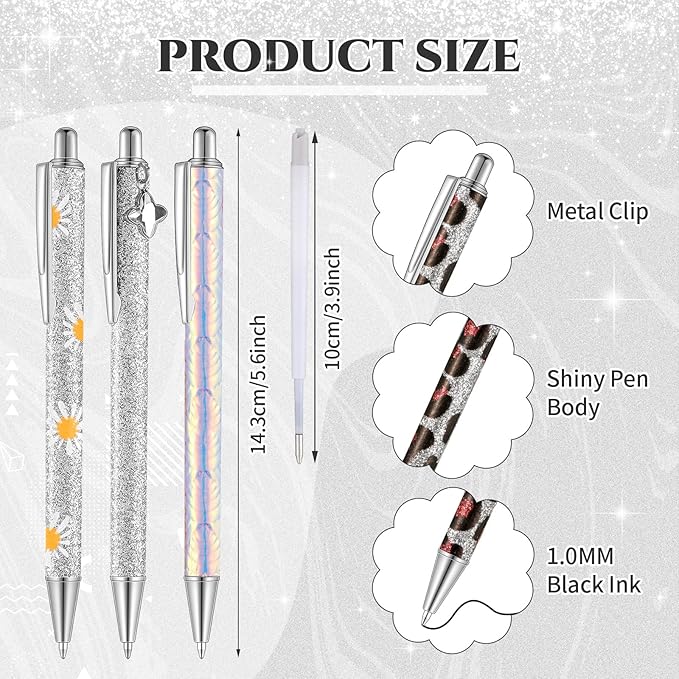 Sherr 7 Pcs Fancy Pens for Women Cute Sparkly Glitter Pens with 10 Pcs Black Ink Refills Pretty Gifts for Girls Office School Christmas Graduation(Bright)