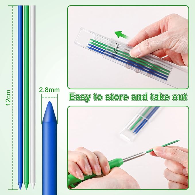 Hiboom 24 Pieces 2.8mm HB Refill for Carpenter Pencil, Study Long Lasting Pencil for Mechanical Woodworking Construction(24 Piece,White Blue Green)