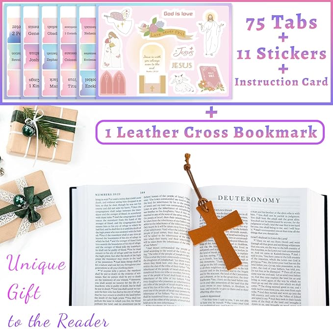 Bible Tabs with Gold Feather Bookmark, Laminated Bible Tabs for Women Men, Christian Gifts for Easy Navigation, Bible Book Index Tabs Labels, Bible Study Supplies, Rainbow